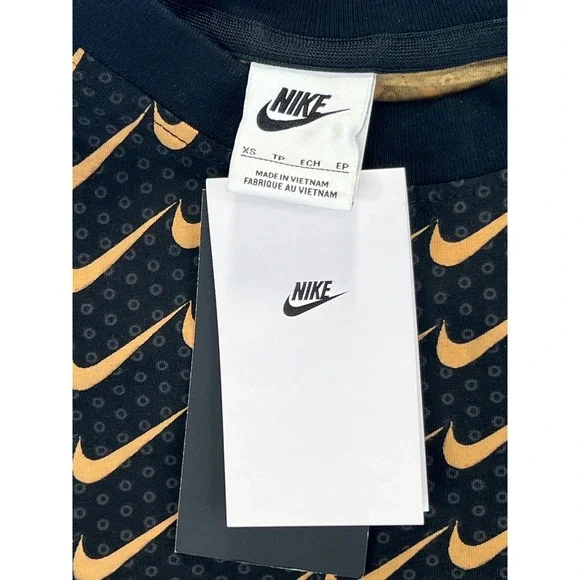 Nike Womens All Over Swoosh Logo T Shirt Dress Black Gold Tight Fit XS